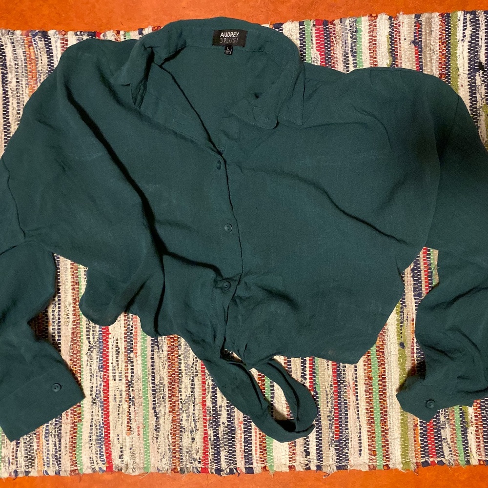 Dark Green Long Sleeve Crop Tie Blouse